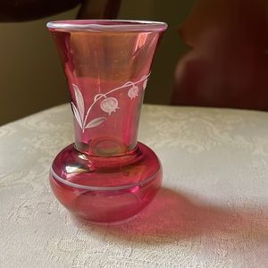 Hand Blown cranberry flash painted, hand painted Bud vase, Lily of the Valley
